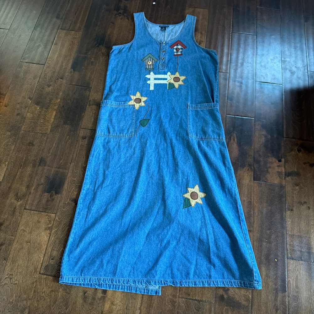 Baccini Vintage Denim Jean Dress L 90s Birdhouse Sunflower Patchwork Cottage